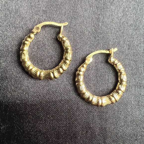 14K Yellow Gold Bamboo Hoop Earrings - Picture 1 of 7